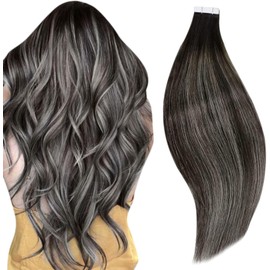 RUNATURE Tape in Human Hair Extensions Black Ombre Silver Tape in Hair Extensions Real Human Hair Black Tape in Extensions 16 Inch 50 Gram