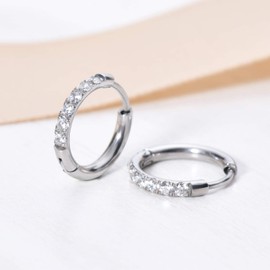 Small Cartilage Hoop Earring, 8MM Silver Hoop Earring for Women Men 18G Stainless Steel Huggie Earring Forward Helix Tragus Piercing Earring Hypoallergenic Hinged Earring for Sensitive Ear CZ