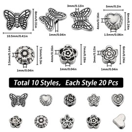 SUNNYCLUE 1 Box 200Pcs 10 Styles Flower Bead Silver Butterfly Beads Bulk Tibetan Alloy Metal Mini Love Heart Valentines Birthday Flower Caps Spacer Beads for Jewelry Making Beading Bracelets DIY Craft