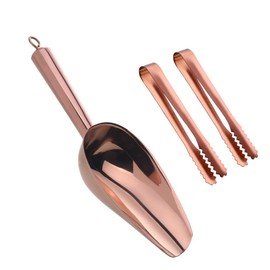 Mingcheng Stainless Steel Ice Scoop and Ice Tongs Small, Round Bottom Bar Ice Utility Scoop, 6 Inches Serving Tongs with Teeth for Large Cubes, Freezer, Ice Bucket Copper, Set of 3 (Rose Gold)