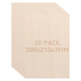 CYEER 20 Pack Plywood Sheets, 3MM Basswood Sheets A4 Thin Plywood Board, Unfinished Wood Boards for Crafts, DIY, Wood Engraving, Laser Projects, Model Making, Decoration, Paintings, 300x210x3mm