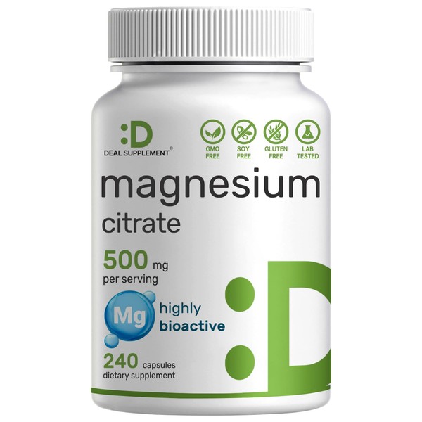 Magnesium Citrate 500mg, 240 Capsules | Easily Absorbed, Purified Trace Mineral – Muscle, Heart, & Digestive Support – One a Day, Non-GMO