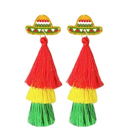 Cinco De Mayo Mexican Earrings for Women Layered Tassel Piñata Sombrero Earrings Mexican Holiday Jewelry-Red1