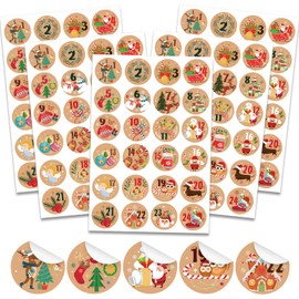 HOWAF 192pcs Kraft Christmas Advent Calendar Stickers, Christmas Craft Advent Stickers, 24 Days Christmas Countdown Labels Stickers Christmas Numbers Stickers for Xmas DIY Christmas Gift Boxes Bags Decor