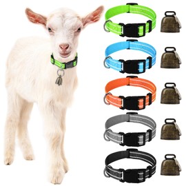 Mfsdai Pack of 5 Reflective Goat Collars with Bell, Adjustable Nylon Sheep Collars, on Pasture Cowbells for Small Farm Animals, Goat, Sheep and Cow with Anti-Lost Collar
