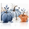 Fall Canvas Wall Art - Thanksgiving Blue Leaves Pumpkin White Background - Modern Wall Decor Gallery Canvas Wraps Giclee Print Stretched and Framed Ready to Hang - 12" x 16"
