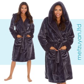 Metzuyan WS-AW23 Ladies Faux Fur Trim Robe Soft Plush Fleece Hooded Warm Dressing Gown Grey X-Large