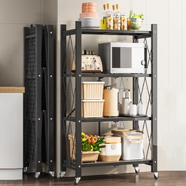 JOYBOS 4-Shelf Foldable Storage Shelves with Wheels, Heavy Duty Metal Shelving, No Assembly Organizer Wire Shelf Rack for Garage Kitchen, Basement, Pantry, Holds up to 1000 pounds…