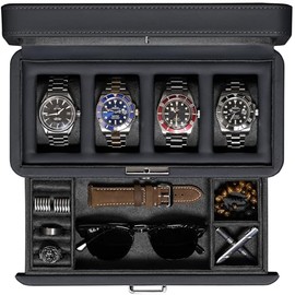 ROTHWELL 4 Slot Leather Watch Box with Valet Drawer - Luxury Case Display Jewelry Organizer, Locking Display Case Holder with Real Glass Top - Watch Box Organizer for Men & Women (Carbon)