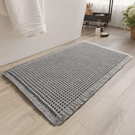 Poowe Upgraded Waffle Bath Rugs, Super Absorbent Non Slip Bath Mat for Bathroom Floor, Machine Washable Bathroom Rugs with Tassels, Rubber Backed Bathroom Mats, Ultra Soft, 18" x 30"-Grey