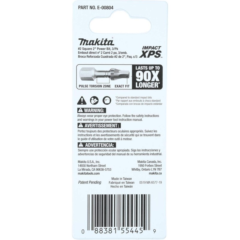 Makita E-00804 Impact XPS™ #2 Square 2" Power Bit, 3/pk