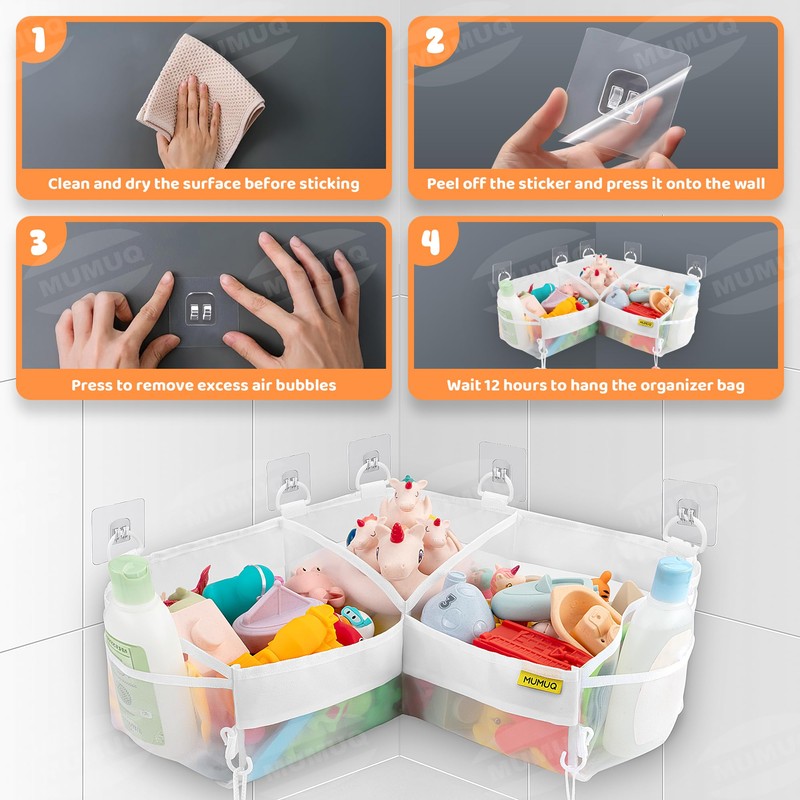 3 Compartments Bath Toy Storage Corner Bath Toy Holder for