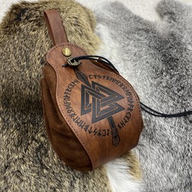 Medieval Faux Leather Viking Bag, Nordic Compass Pattern Purse, Drawstring Purse Fanny Pack, Portable Wallet, Vintage Waist Bag, Fashion Purse for Men and Women, brown