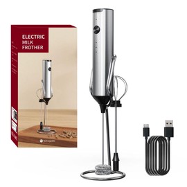 Milk Frother Handheld Rechargeable, Electric Stainless Steel Handle Whisk Drink Mixer with 3 Stainless whisks and 1 Stand, 3 Speed Adjustable Foam Maker Blender for Coffee Cappuccino (KJBQ-15-BS)