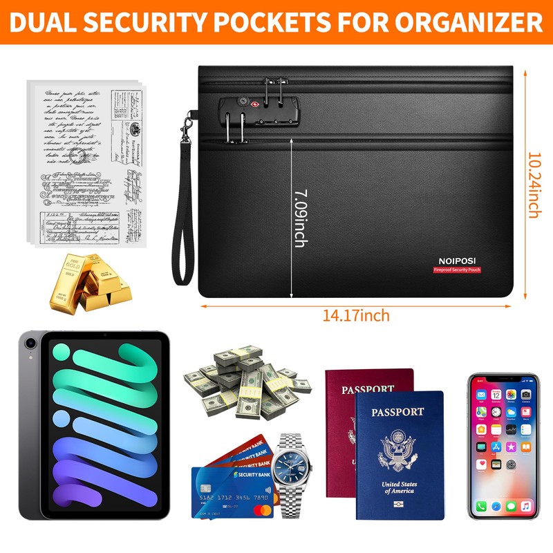 Noiposi 6400℉ Fireproof Money Bag with Lock,Dual-Zip Compartments Fireproof Document