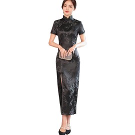 TRTRO Cheongsam, Dress, Long, Embroidery Pattern, Women’s Qipao, Ethnic Fashion, Elegant, Plum pattern black