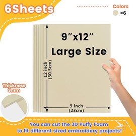 New brothread - 15 Options- 6PCS Embroidery Puffy Foam 9″x12″ Large Size 3MM Creating 3D Embroidery Effect for Caps, Garments, Jackets, Bags, Backpacks and More - Beige