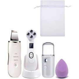 limpiador espátula + Maquina facial de radiofrecuencia +Vapor facial portátil + Esponja de maquillaje y 1 bolsa para transportarlo