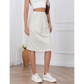 IDEALSANXUN Womens Linen Skirt Spring Summer High Elastic Waist Midi Skirt with Pockets, Beige, Medium