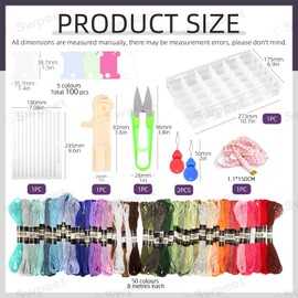 Swpeet 156Pcs Floss Mixed Color Bobbins and Embroidery Floss Kit, Include Floss Bobbins, Embroidery Floss, Floss Winder, Scissiors, Measuring Tape, Needle Threaders, Stickers