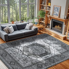 LBRO2M Boho Area Rug 8X10 Washable Rugs for Bedroom Low Piles Indoor Carpet, Non Slip Soft Rug for Living Room, Dining Room, Dark Gray Rug Foldable Pet Friendly Area Rugs (8'X10' Dark Gray)