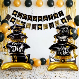 Jenaai 2 Pcs 37" Gold and Black Graduation Caps Foil Balloons Giant Self Standing Congrats Grad Diploma You Did It Theme Balloons for Class of 2026 Graduation Party Decoration Supplies