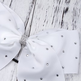 20 cm Jumbo Cheerleader lazos coleta soporte Cheerleader lazos pelo corbata más colores disponibles, White With Rhinestones, Large