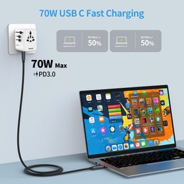 Hichain Worldwide Travel Adapter, 70 W International Socket Adapter, Travel Plug with 2 USB-A and 2 USB-C Fast Charging Ports, Universal Adapter for Europe, USA, UK, Japan, Travel Adapter, White