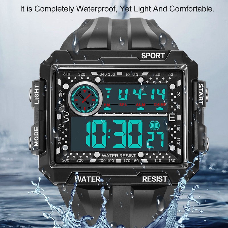 Men Rectangle Digital Sports Watch Night Light Rectangle Display Waterproof