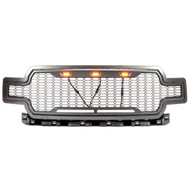 JMTAAT Front Bumper Grille w/Amber LED Lights Compatible with 2018 2019 2020 Ford F150 Matte Gray Honeycomb Mesh Grill Plastic(ABS+PC)