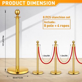 8 Pack Upgraded Stainless Steel Stanchions and Velvet Ropes 5FT Extended Red Carpet Ropes Poles Crowd Control Safety Barriers Set with Stable Base for Theaters Parties Wedding Exhibition (Gold)