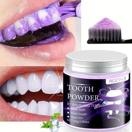 ROZINO Purple Teeth Whitening Powder Color Correcting with Hydroxyapatite Stain Removal & Toothpaste Booster 50g for Enhanced Oral Hygiene:_2 PACK FOR FAMILY