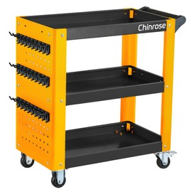 3 Tier Tool Cart on Wheels, Auto Detailing Cart, Service Cart with Wheels, Shop Cart, Rolling Tool Cart, Mechanic Carts with Pegboard for Garage, Workshop, Warehouse (Black&Yellow)