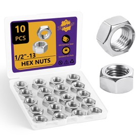 1/2"-13 Hex Nuts, 10Pcs 304 Stainless Steel Metal Standard Inch Hexagonal Nuts Hardware Set for Bolt for Furniture, Automotive, Industry and Construction, Full Thread
