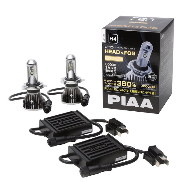 PIAA LEH120 LED Bulb for Headlights and Fog Lights, H4, 6,000K, 92,000CD, 3,500 lm Equivalent, Road Transport Vehicle Act Compliant, 24/24 V, Premium, Long Beam High Speed Driving
