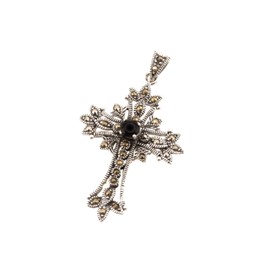 Windalf Jewellery Pendant Gothic Cross Acantha 4.5 cm Cross with Black Stone 925 Sterling Silver, Fabric, Onyx