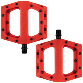 Dmr V11 Flat Mountain Bike Pedals - Red/Black, Steel Axle/Pair Lightweight Nylon Composite Plastic MTB Cycling Part Downhill Freeride Ride Trail Dirt Jump Cycle Wide Platform Tuneable Pin Grip