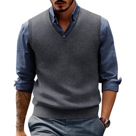 PaulJones Men's Knitted Vest Wool Sleeveless with V-Neck Elegant, darkgray