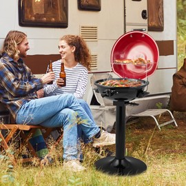 CHEFJOY 1600W Electric Grill Outdoor, 15-Serving Freestanding Camping Grill with Warming Rack, Removable Oil Drip Tray, Adjustable Temperature Control, Portable BBQ Grill for Patio, Backyard (Red)