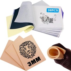 Emalla 3mm Tattoo Fake Skin 3pcs with 20pcs Transfer Paper set Tattoo Practice Skin and Stencil Paper for Beginners and Artists
