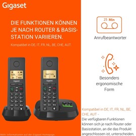 Gigaset Pure 220A Duo - 2 Cordless DECT Telephones with Answering Machine - with Call Block Button and Hands-Free Function - 80 Contacts, Anthracite Black [Compatible in DE, IT, FR, NL, BE, Che, AUT]