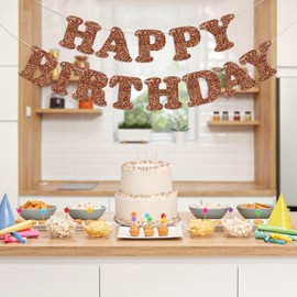 Adecortalk Glitter Brown Happy Birthday Banner Birthday Party Decorations Sign Garland Bunting Banner for Wall Decor Party Background for Kids Boys Girls Adults