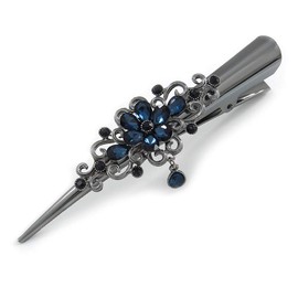 Large Midnight Blue Crystal Flower with Dangle Hair Beak Clip/Concord Clip In Black Tone - 13cm L