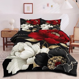 CCoutueChen Vintage Floral Comforter Set King Size Red Black White Botanical Flower Bedding Set 3 Piece Gold Leaf Bedding for Women Elegant Flowers Comforters Soft Down Alternative Comforter Sets
