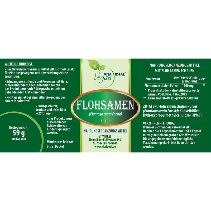 Vitaide Vegan® psyllium husks (Plantago ovata Forssk), 90 vegetable capsules,