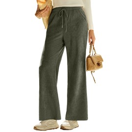 EVALESS Womens Corduroy Pants Casual High Waisted Straight Wide Leg Baggy Lounge Trousers Jungle Green L