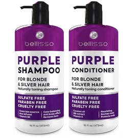 BELLISSO Set de Champú y Acondicionador Morado para Cabello Rubio Platino, Plateado, Claro, Blanqueado y Gris - Sin Sulfatos y Parabenos Tónico Profes