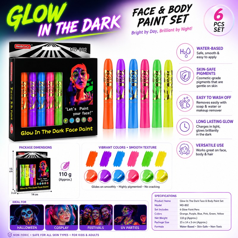 6-Color Glow Face & Body Paint Set for Parties –