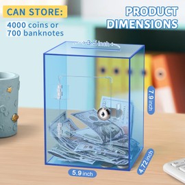 Clear Piggy Bank for Adults Kids, Large Acrylic Piggy Bank Money Saving Box for Cash Saving with Key, Openable Clear Acrylic Savings Jar for Real Money (Blue)