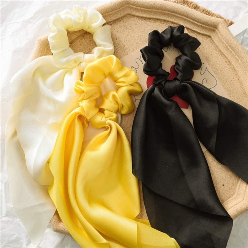 Yellow Women Girl Bow Satin Ribbon Ponytail Scarf Hair Tie